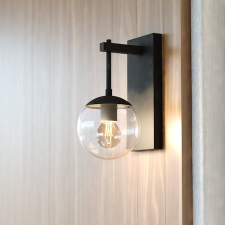 Vaxcel Keeler 1 Light Matte Black Indoor Outdoor Wall Sconce Clear Glass Globe Shade, LED Compatible T0714